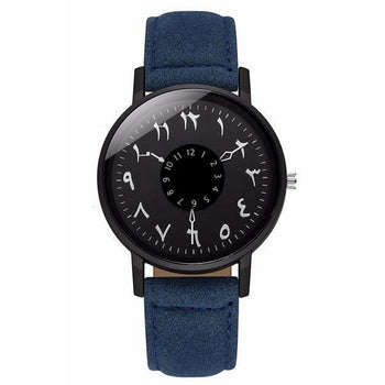 Analoge Mädchenuhr mit blauem Lederarmband und schwarzem Zifferblatt