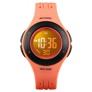 Digitale Jungenuhr mit schwarz-orangefarbenem Silikonarmband und rundem Gehäuse